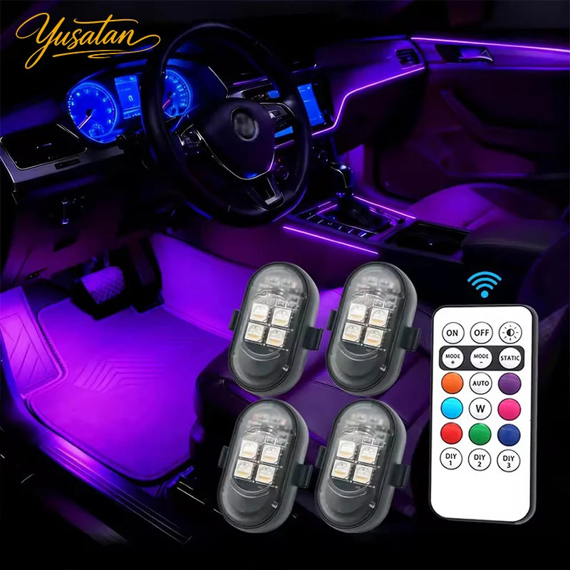 Car LED Decor Lights, Atmosphere Lamp Wireless/ Remote | Multi-Color Mode | USB Charging | For Interior, Grille, Warning Light
